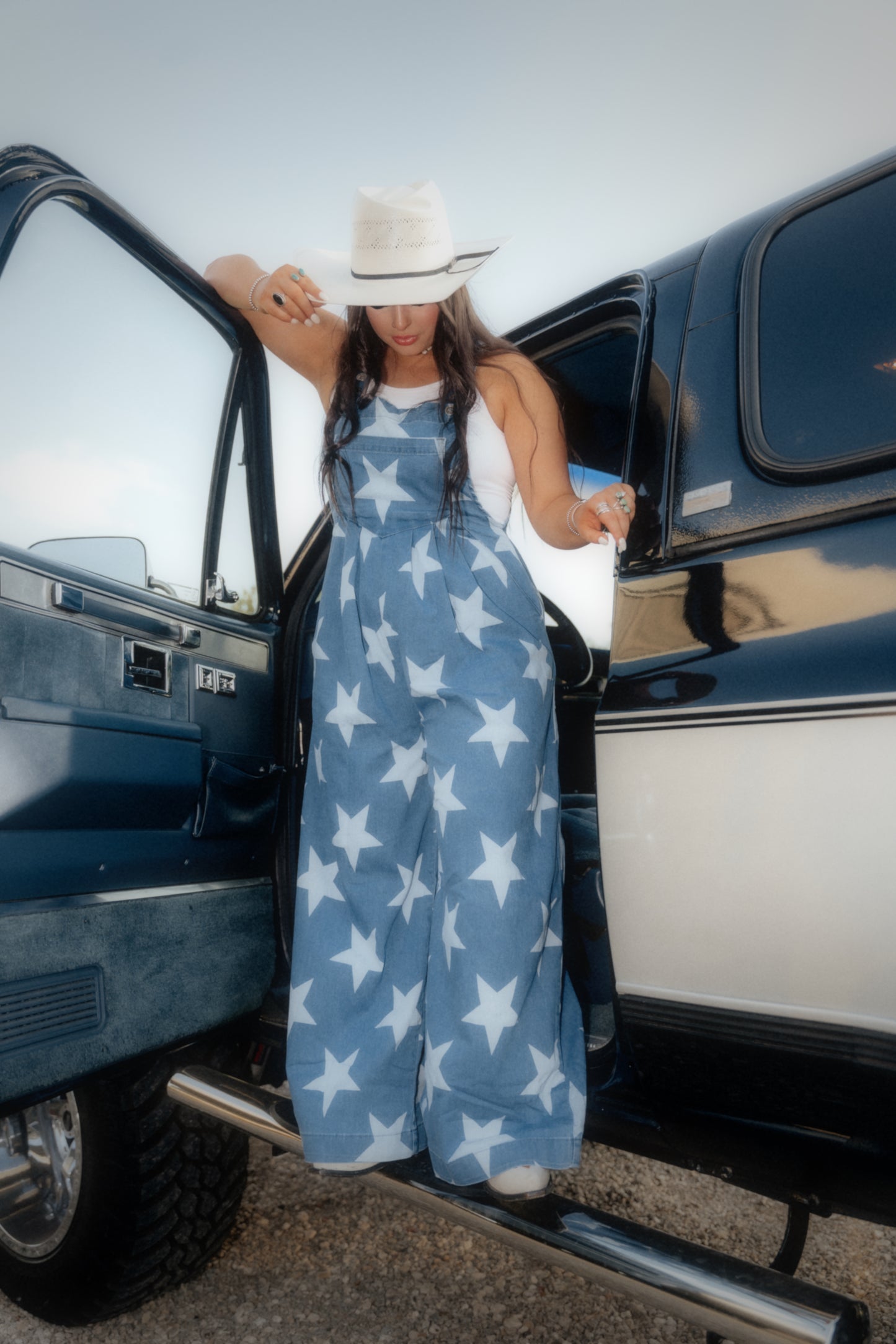 Star Print Denim Jumpsuit