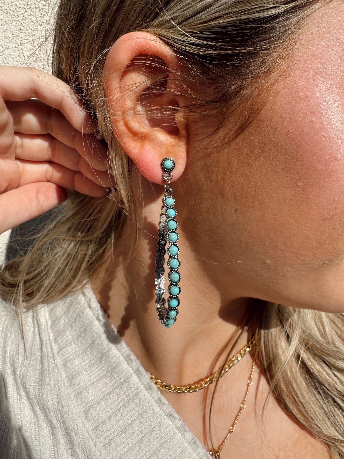 Turquoise Beaded Oval Hoops